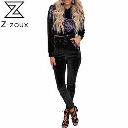 Women Sets Hooded Long Sleeve Drawstring Velvet Crop Top Lace Up Slim Pants Two Piece Set And Spring 210513
