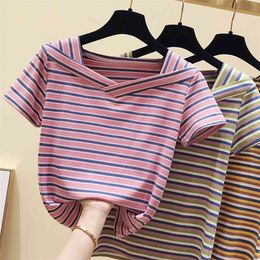 WWENN Cotton Korean V-Neck Basic Striped T shirt Women Clothes Summer Short Sleeve Casual TShirt Female Tops Tee Shirt Femme 210507