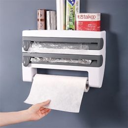 4 In 1 Wall-Mount Towel Holder Sauce Bottle Cling Film Storage Rack With Blade Cutting Food Dispenser Foil Paper tool 211102