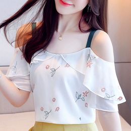 Summer Slash Neck Off Shoulder Top Short Sleeve Blouse Women Blusas Mujer De Moda Print Chiffon Blouse Shirt Women Top D193 210426