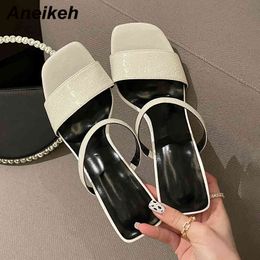 Fashion Slides Slippers Women Shoes Squared Toe Stiletto Heels Concise Shallow Solid Green Size 35-40 Outsides 210507