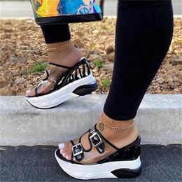 2020 Summer Woman Sandals Female Wee Belt Buckle Transparent High Heel Large Size Shoes Platform Waterprooof Fashion Slipper X0526