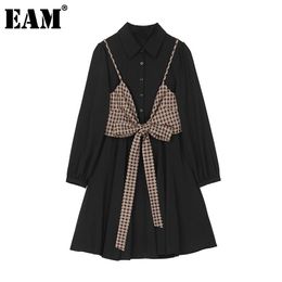 [EAM] Women Back Bandage Bow Split Joint Dress Lapel Long Sleeve Loose Fit Fashion Spring Autumn 1Z260 210512