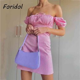 Lace Up Elastic Plaid Pink Dress Vintage Short Mini Summer Beach Women Sleeve Retro Vestidos 210427