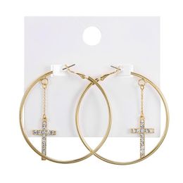 Korean Design Minimalist Gold Color Big Hoop Earrings With Crystal Cross Pendant Women's Vintage Cross Charm Hoops Earring