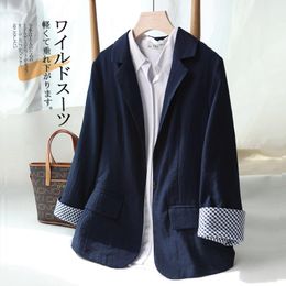 Women's Suits & Blazers Quality Linen Suit Women 2021 Autumn Navy Blue Three-quarter Sleeve Jacket