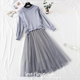 Two Piece Women Knitted Dress Spring Autumn Long Sleeve Sweater Sling Mesh Dresses Elegant Women Long Party Dress Vestidos 210521