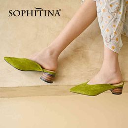 SOPHITINA Concise Flock Pumps Shoes Women Heels Mules Mid Shallow Office Lady Comfortable Dressing Spring Green Pointed ToeFO351 210513