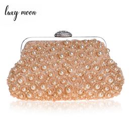 Champagne Flower Evening Bags Pearls Beaded Clutch Bag Female Wedding Party Small Day Clutches Purse Chains Handbag