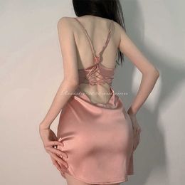 WOMENGAGA Pink Sexy Korean Women Beach Backless Mesh Lace Tank Mini Dress Dresses Hollow Kawaii Summer Tops bandage Q9GS 210603
