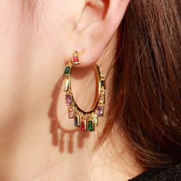 Colourful Rainbow Baguette CZ Crystal Yellow Gold Colour Big Tassel Hoop Earrings for Ladies Bohemian Jewellery CZ827 210714