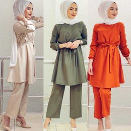 Wepbel Muslim Arabian Women's Suit Two Piece Outfits Dubai Long Sleeve Top + Pants Turkish Robe Solid Color Muslim Clothing Y0625