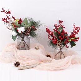red artificial flowers in vase NZ - Decorative Flowers & Wreaths 1PC Artificial Flower Red Christmas Berrie Branch For Wedding Party Home Decor DIY Wreath Vase Gift Box Craft