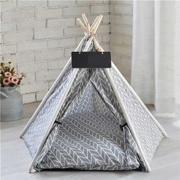 Portable Linen Pet Tent Dog House cat Washable Teepee Puppy Cat Indoor Outdoor Kennels Cave with Mat 211111