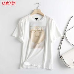 Tangada Women Funny Print Cotton T Shirt Short Sleeve O Neck Tees Ladies Casual Tee Shirt Street Wear Top 6D56 210609