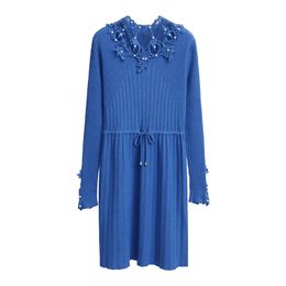 Blue Black Apricot Brown Knitted O Neck Long Sleeve Lace Patchwork Beading Lace-up Knee Length Dress Autumn D1973 210514