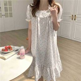 Chic Summer Sleepwear Nightdress Loose Girls Homewear Lace Printing Sweet All Match Stylish Pajamas Dress 210525