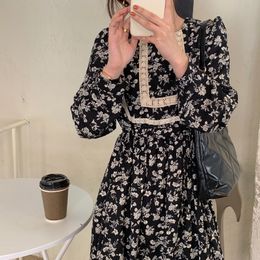 Comelsexy Women French Retro Dress O-Neck Printing Lace Loose Gentle Full Sleeves Elegant Long Chic Female Fashion Clothe 210515
