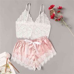 Floral Lace Bralette With Satin Shorts Lingerie Set Women Summer Sexy Sets Ladies Bra And Panty Underwear Pyjama Set-Pink 210809