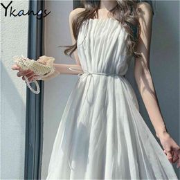 Summer Sleeveless Elegant Strap Dres Bandage Design Solid Thin Dress Dress Korean Evening Party For Female 210619