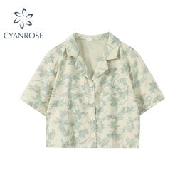 Women Fashion Floral Print Button-up Blouses Summer Vintage Lapel Collar Short Sleeve Loose Female Chic Crop Tops Or Blouse 210515