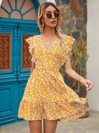 Summer Short Dress Women V Neck Holiday Beach Dresses Boho Print A Line Short Sleeve Ruffles Dresses Vestidos Clothes 210521