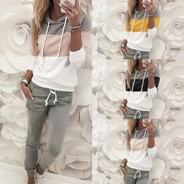 Autumn Winter Hip Hop Clothes Set Women 2pcs Patchwork Colour Hooded Top Sweater + Full Length Drawstring Pants Fashion 210930