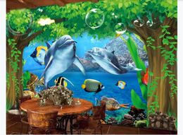 Photo wallpaper Cartoon Big Tree 3D Beautiful Underwater Animal World Dolphin Bubble Mural Living Room TV Sofa Background Wall