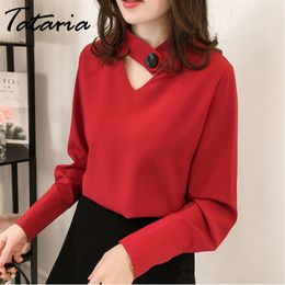 Red chiffon Blouse Shirt Long Sleeve Halter V Neck Womens Tops and Blouses For Chiffon Elegant blouses 4XL 210514