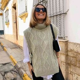 ZXQJ Women Cable-Knit Sweater Vest Turtleneck Jumpers Thick Solid Knitwears Female Loose Vintage Chic Pullover Top 210521