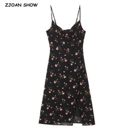 Vintage French Summer Black Floral Print Spaghetti Strap Midi Dress Retro Sexy Women Adjust Sling Slit Dresses Vestido 210429