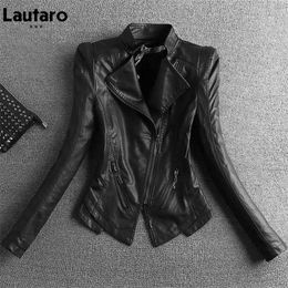 Lautaro Autumn Short Black Light Soft Faux Leather Biker Jacket Women Long Sleeve Zipper Luxury Brand Fashion Slim Fit 2022 211007