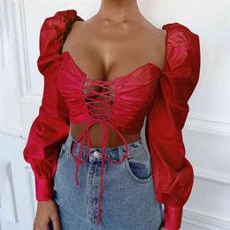 women summer cotton bandage blouse big long slush lantern sleeve adjustable lace up strap crop top White Summer 210607