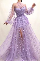 2021 Sexy Romantic Prom Dresses Lilac High Neck Illusion Lace 3D Floral Flowers Sheer Side Split Formal Party Dress Evening Gowns Sweeep Train Plus Size Long Sleeves