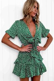 Summer 2021 Women's Green V-neck Floral Ruffled Mini Skirt Beach Casual Bohemian Dress Y1006