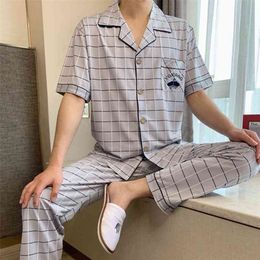 Men T Shirt Cotton Pajama Set 4XL Sleepwear Sexy Mens Turndown Collar Tshirts + Pants Brand Short Sleeve Plaid Casual Tracksuit 210901