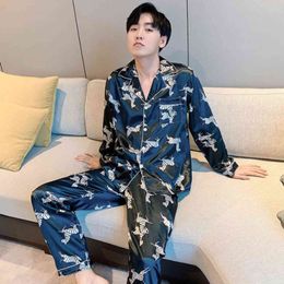 Men Pajamas Set Silk Sleepwear Long Sleeved Nightwear Lounge Autumn Striped Sleep Clothing Satin Plus Size Male Nighties Suit 211111