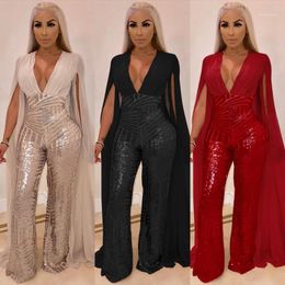 Women's Jumpsuits & Rompers Sparkly Sequined Mesh Patchwork See Through Party Deep V Neck Backless Long Sleeve Full Wide Leg Pant Catsuit MO