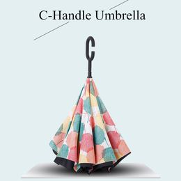 C Handle Windproof Reverse Folding Umbrella for Women 2 Layer Anti-UV Sunshade Inverted Umbrellas Self Stand Women's Umbrella 210320