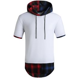 Plaid Patchwork T Shirt Men Workout Casual Muscle T Shirts Mens Hooded Oversized Hip Hop Tee Shirt Summer Harajuku Hipster Tops 210524