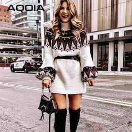 Winter BOHO Geometric Print Thick Women Sweater Dress Turtle Neck Pullover Knitted Female Casual Retro White Vestidos 210521