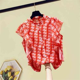 Summer Women's Ruffles Sleeves Print Chiffon Shirt Female Ladies Girls Shirts Blouse Tops A3652 210428