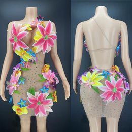 Stage Wear Sexy Mesh See-Through Flower Dress Rhinestone Hollow Waist Evening Performance Dance Show Birthday Celebrate Outfit XS3300