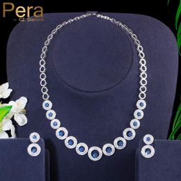 Earrings & Necklace Pera Exclusive Design Royal Blue Cubic Zirconia Round Circle Link Choker Women Wedding Party Jewellery Set For Bride J335