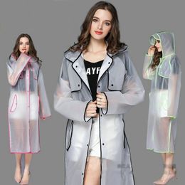 New Fashion EVA Women Poncho With Hat Ladies Waterproof Long Translucent Raincoat Adults Rain Coat 210320