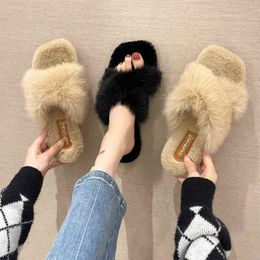 2021Winter Faux Fur Slippers Indoor Sandals Woman Flat Floor Sandalias Furry Female Plush Shose Lady Sandales Elastic Band Warm H1115