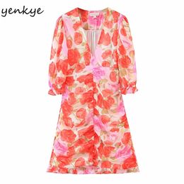 Summer Dress Sweet Women Rose Floral Print Female V Neck Half Sleeve Hem Ruffle Draped Mini Sexy Robe 210514