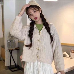 Winter women's cardigan Korean retro twist horn buckle loose wild long-sleeved knitted sweater jacket women 210427