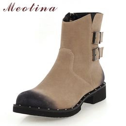 Meotina Women Ankle Boots Shoes Buckle Mid Heel Boots Ladies Round Toe Thick Heels Zip Rivet Short Boots Autumn Winter Gray 210520