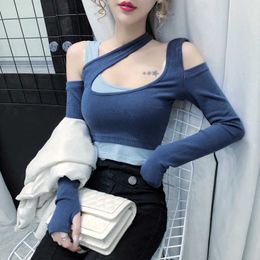 female full hooking sleeve sexy T-shirt girls slim stretchy patchwork irregular chic one-piece tshirts crop tops for woman Y0629